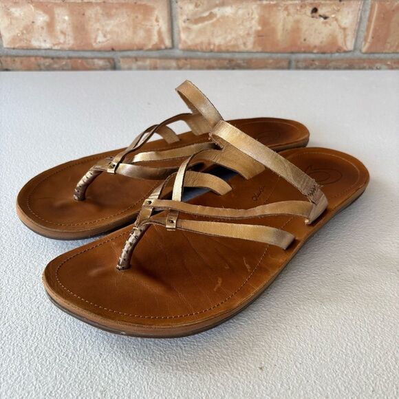 Olukai U’i Ko’o Gold Leather Sandals Women’s Sz 9 - Picture 1 of 10